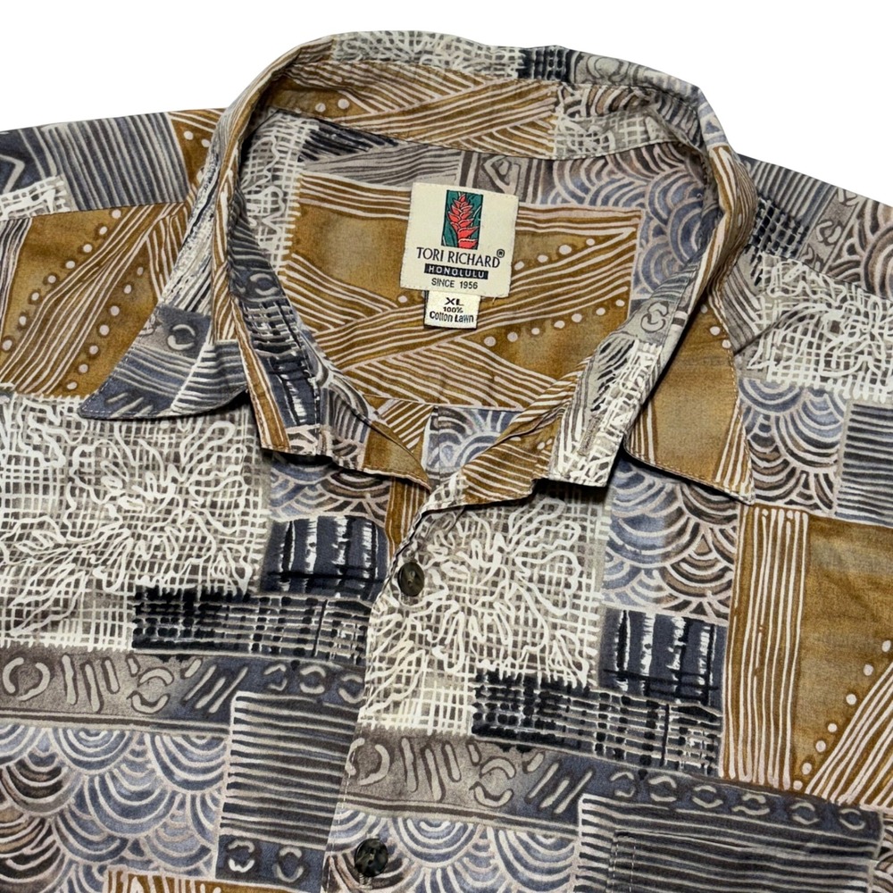 Tori Richard Mens XL Cotton Lawn Shirt Geometric Patchwork Made in Hawaii 8180 - Picture 1 of 9